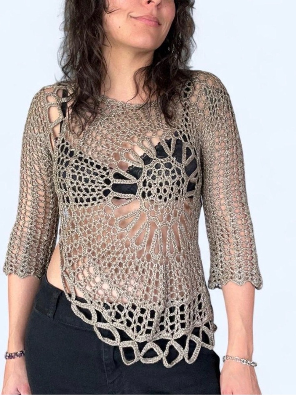 Hand-Crocheted Openwork Metallic Taupe Top